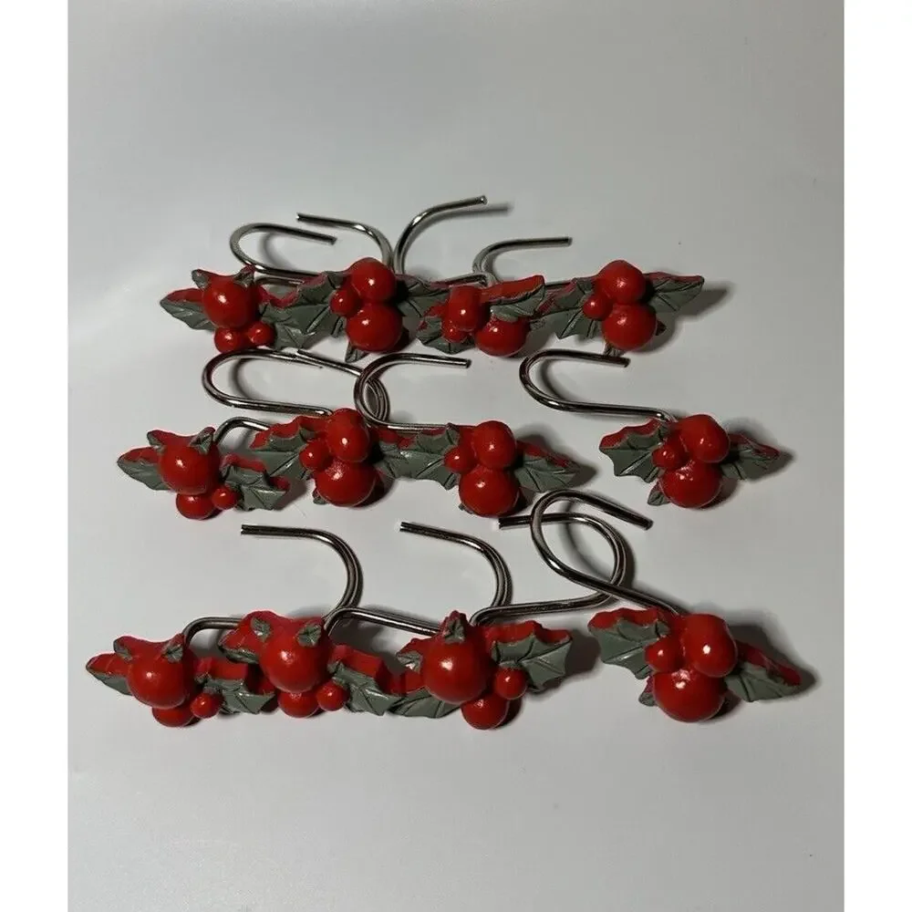 Christmas Holiday Holly Berry Shower Curtain Hooks Set of 12 New & Used Set
